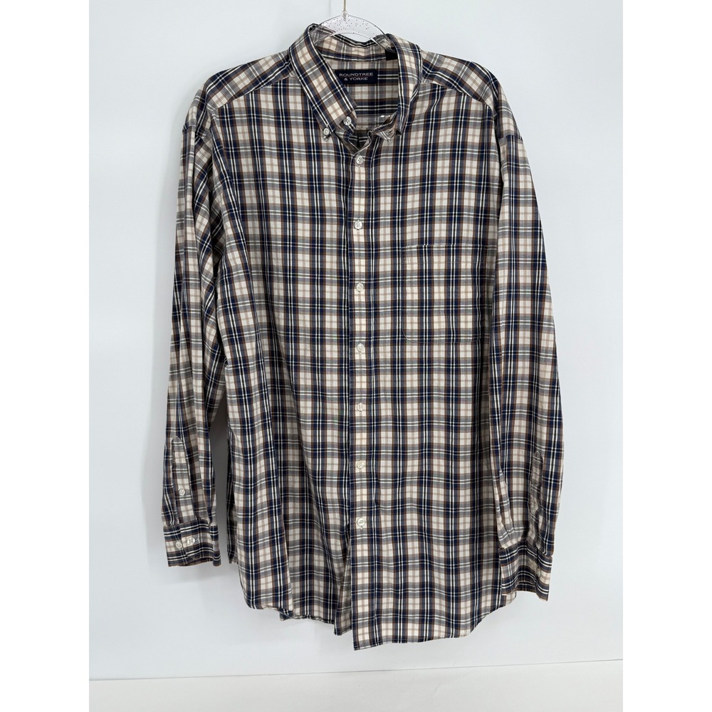 Roundtree & Yorke Mens Sz 2XT Plaid Button Down Shirt Blue Brown Cotton Tall LS